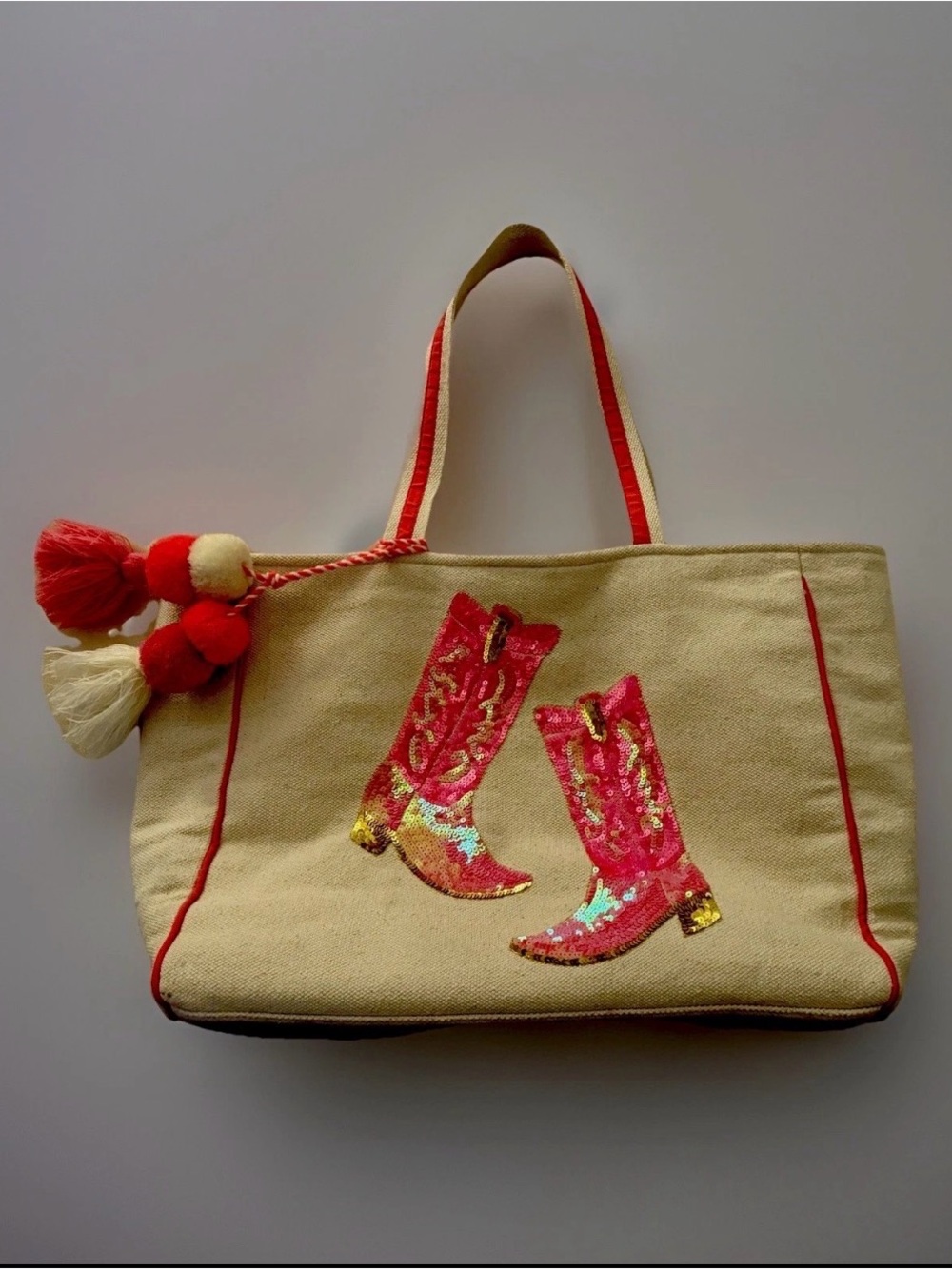 Katydid Beige Tote with Pink Sequin Cowboy Boot Appliqués and Hot Pink Trim